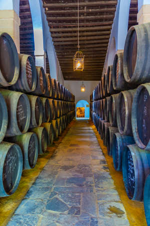 JEREZ DE LA FRONTERA, SPAIN, JUNE 26, 2019: Wine barrels inside of Bodega of Tio Pepe at Jerez de la...