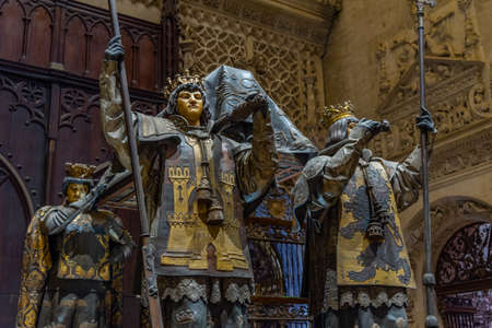 SEVILLA, SPAIN, JUNE 25, 2019: Tomb of Christopher Columbus inside of the Cathedral of Saint Mary of the See in Sevilla, Spainのeditorial素材