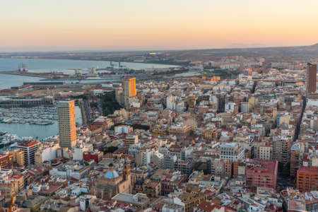 Sunset view of Spanish city and port Alicanteのeditorial素材