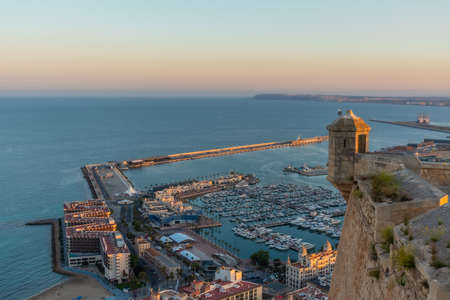 Sunset view of port of Alicante from Castle of Santa Barbara, Spainのeditorial素材