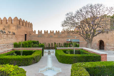 Sunset view of gardens of Alcazaba fortress in Almeria, Spain