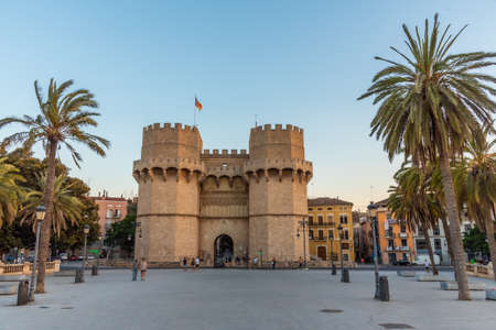 VALENCIA, SPAIN, JUNE 17, 2019: Sunset view of Torres des Sarranos in Valencia, Spain