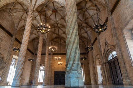 VALENCIA, SPAIN, JUNE 17, 2019: The hall of columns inside of Lonja de la Seda building in Valencia, Spainのeditorial素材