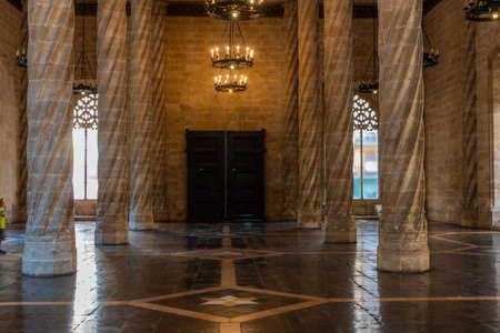 VALENCIA, SPAIN, JUNE 17, 2019: The hall of columns inside of Lonja de la Seda building in Valencia, Spainのeditorial素材