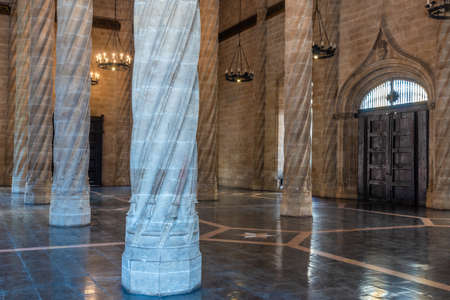 VALENCIA, SPAIN, JUNE 17, 2019: The hall of columns inside of Lonja de la Seda building in Valencia, Spainのeditorial素材