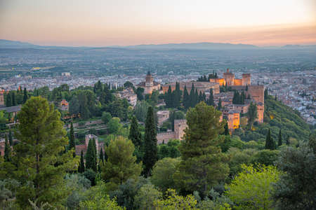 Sunset view of Alhambra fortress in Granada, Spain