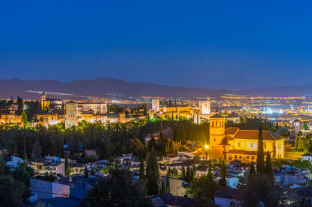 Night view of Alhambra palace and el Salvador church in Granada, Spainのeditorial素材