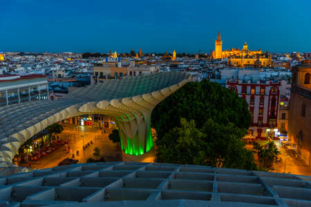 Churches in Sevilla viewed from Setas de Sevilla mushroom structure, Spainのeditorial素材