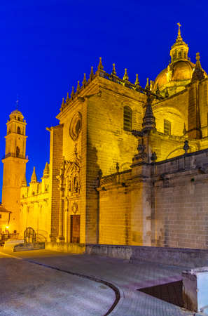 Night view of the cathedral of holy saviour in Jerez de la Frontera in Spainのeditorial素材