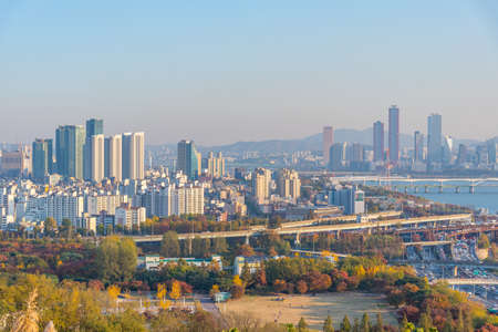 Sunset aerial view of downtown Seoul from Haneul park, Republic of Koreaのeditorial素材