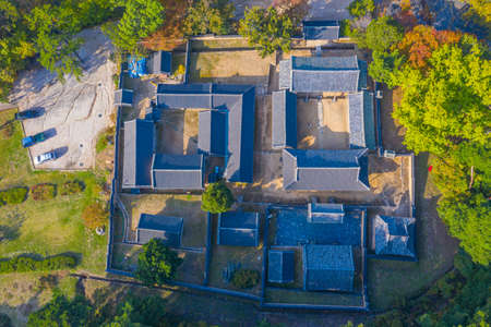 Aerial view of Oksan Seowon Confucian academy in Republic of Koreaのeditorial素材