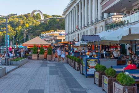 KYIV, UKRAINE, AUGUST 29, 2019: People are walking on riverside of Dnieper in Kyiv, Ukraine