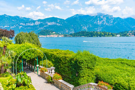 Bellagio viewed from Botanical garden at Villa Carlotta at Tremezzo, Italyのeditorial素材