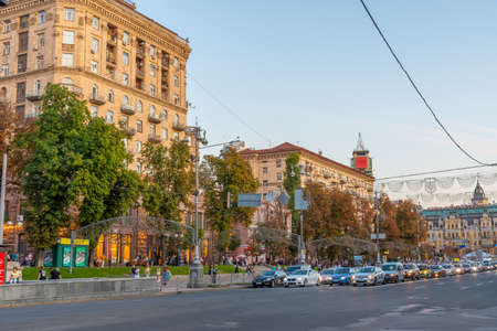 KYIV, UKRAINE, AUGUST 29, 2019: Sunset view of Khreschatyk boulevard in Kyiv, Ukraineのeditorial素材