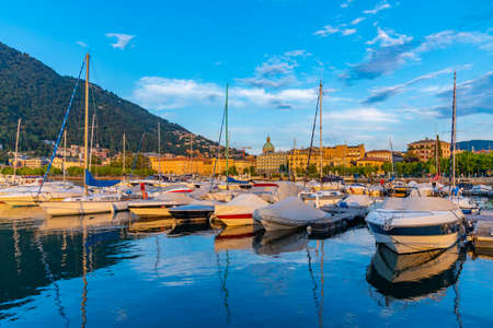 View of a marina at Como town in Italyのeditorial素材
