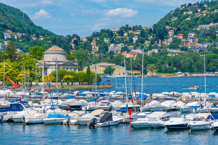 View of a marina at Como town in Italyのeditorial素材