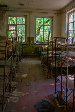 Broken interior of kindergarten in Chernobyl exclusion zone in the Ukraineのeditorial素材