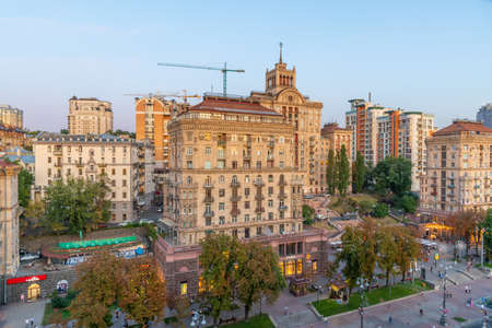 KYIV, UKRAINE, AUGUST 29, 2019: Sunset aerial view of khreschatyk boulevard in Kyiv, Ukraineのeditorial素材
