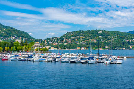 View of a marina at Como town in Italyのeditorial素材