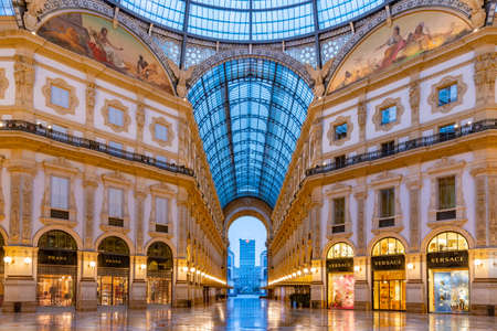 MILANO, ITALY, JULY 20, 2019: Night view of empty Galleria Vittorio Emanuele II in Milano, Italyのeditorial素材