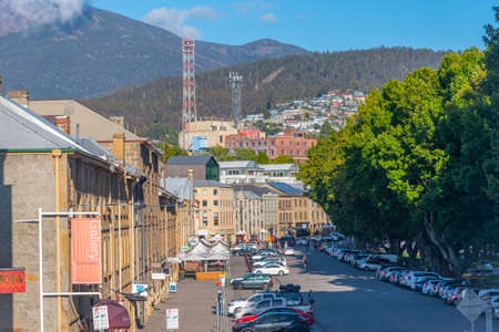HOBART, AUSTRALIA, FEBRUARY 22, 2020: People strolling on Salamanca street in Hobart, Australiaのeditorial素材