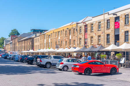 HOBART, AUSTRALIA, FEBRUARY 22, 2020: People strolling on Salamanca street in Hobart, Australiaのeditorial素材