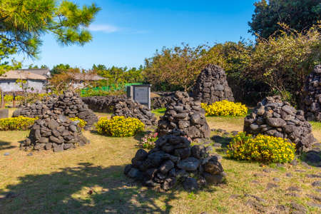 Stone piles at Jeju Folk village in Republic of Koreaのeditorial素材