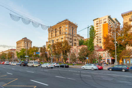KYIV, UKRAINE, AUGUST 29, 2019: Sunset view of Khreschatyk boulevard in Kyiv, Ukraineのeditorial素材