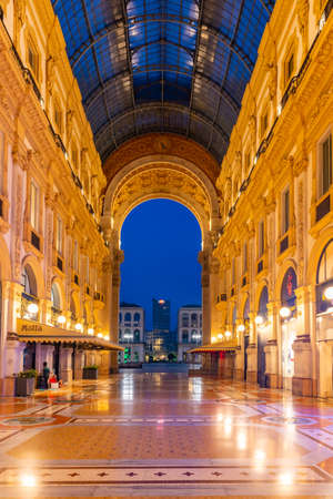 MILANO, ITALY, JULY 20, 2019: Night view of empty Galleria Vittorio Emanuele II in Milano, Italyのeditorial素材