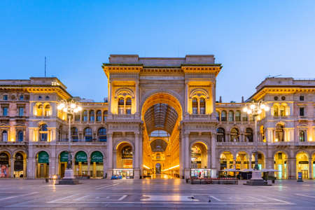 MILANO, ITALY, JULY 20, 2019: Night view of empty Galleria Vittorio Emanuele II in Milano, Italyのeditorial素材