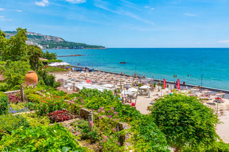 BALCHIK, BULGARIA, JULY 13, 2019: People are enjoying a sunny day on a beach in Balchik, Bulgariaのeditorial素材