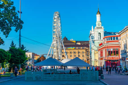 KYIV, UKRAINE, AUGUST 28, 2019: Ferris wheel at Kontraktova square in Kyiv, Ukraineのeditorial素材