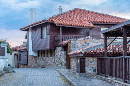 Traditional street in the old town of Sozopol, Bulgariaの写真素材