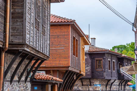Traditional street in the old town of Sozopol, Bulgariaの写真素材