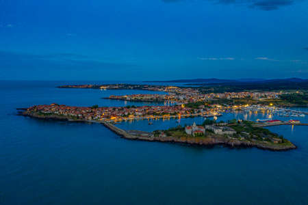 Sunset aerial view of Bulgarian town Sozopolの写真素材