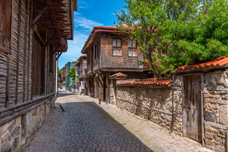 Traditional street in the old town of Sozopol, Bulgariaの写真素材