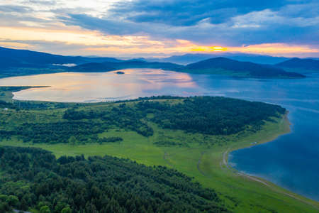 Sunset aerial view of Batak reservoir in Bulgariaの写真素材