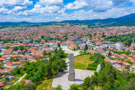 View of Panagyurishte town in Bulgaria from the National memorial complex Apriltsiの写真素材