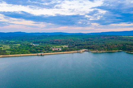 Sunset aerial view of Koprinka dam in Bulgariaの写真素材