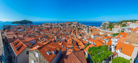 Aerial view of red rooftops of old town of Dubrovnik, Croatiaの写真素材