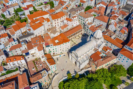 Aerial view of the cathedral of Saint James and waterfront of Sibenik, Croatiaの写真素材