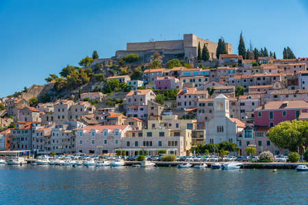 Boats mooring at the waterfront of Sibenik, Croatiaの写真素材