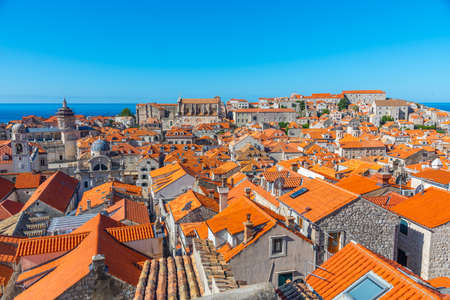 Aerial view of red rooftops of old town of Dubrovnik, Croatiaの写真素材
