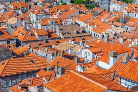 Aerial view of red rooftops of old town of Dubrovnik, Croatiaの写真素材