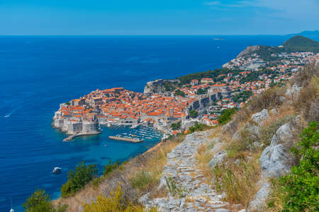 Staircase and view of the old town of Dubrovnik, Croatiaの写真素材