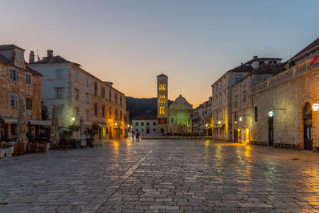 Sunrise view of Saint Stephen cathedral at Hvar, Croatiaの写真素材