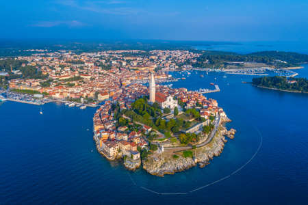 Sunset aerial view of Croatian town Rovinjの写真素材