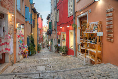 View of a pedestrian street in Rovinj, Croatiaの写真素材