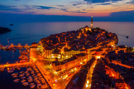 Sunset aerial view of Croatian town Rovinjの写真素材