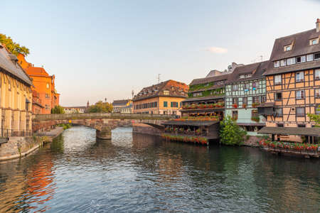 Sunset view of colorful houses at Petite France district in Strasbourg, Germanyの写真素材
